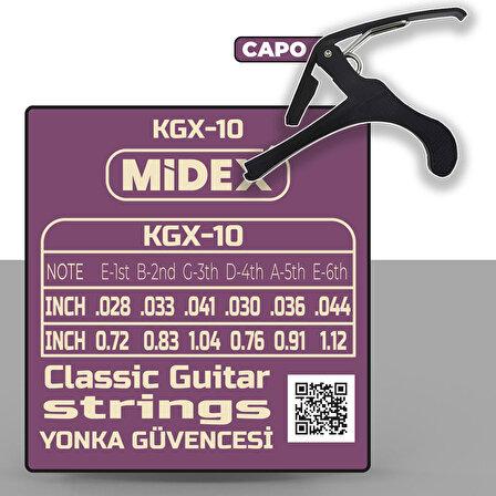 Midex KGX-10C Klasik Gitar Teli Takımı Pena ve Kapo (Capo) Seti